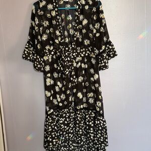Cabi Black Daisy Print Women’s chiffon kimono duster hi low swim cover XS